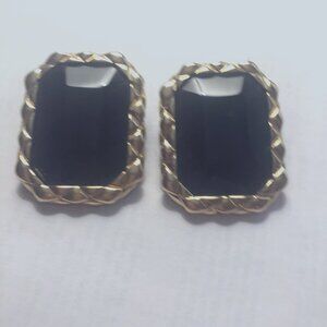 Vintage Les Bernard black glass  square earrings with gold trim.  Clip on earrin